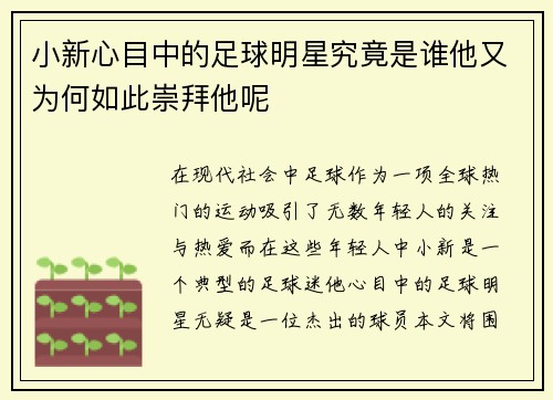 小新心目中的足球明星究竟是谁他又为何如此崇拜他呢